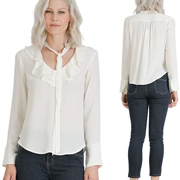 VERTIGO Long Sleeve Solid Front Tie Neck Blouse - Picture 3 of 5